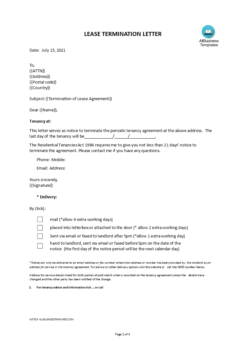 Libreng Notice Of Lease Termination Letter From Landlord To Tenant