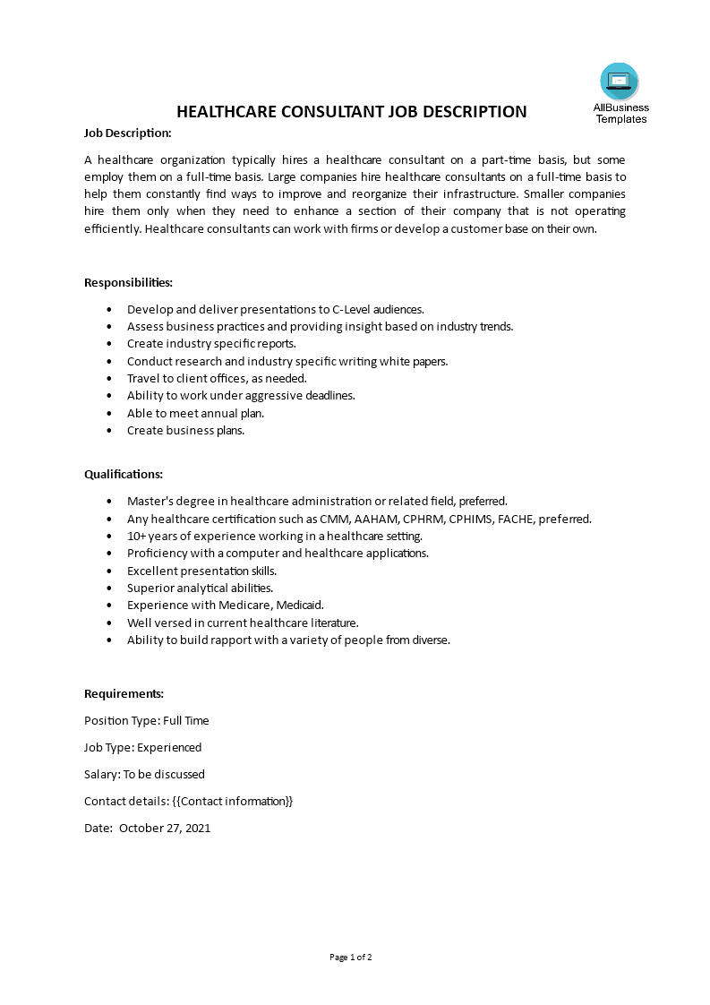 Gratis Healthcare Consultant Job Description