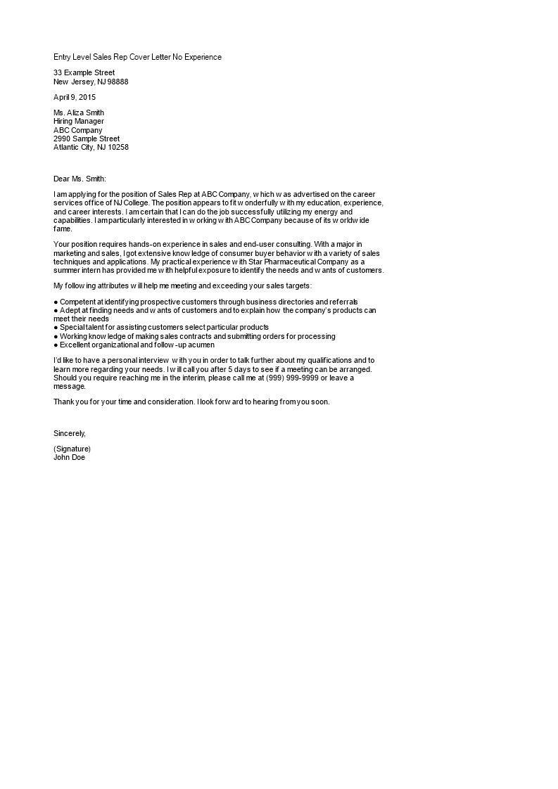 application letter for sales representative without experience