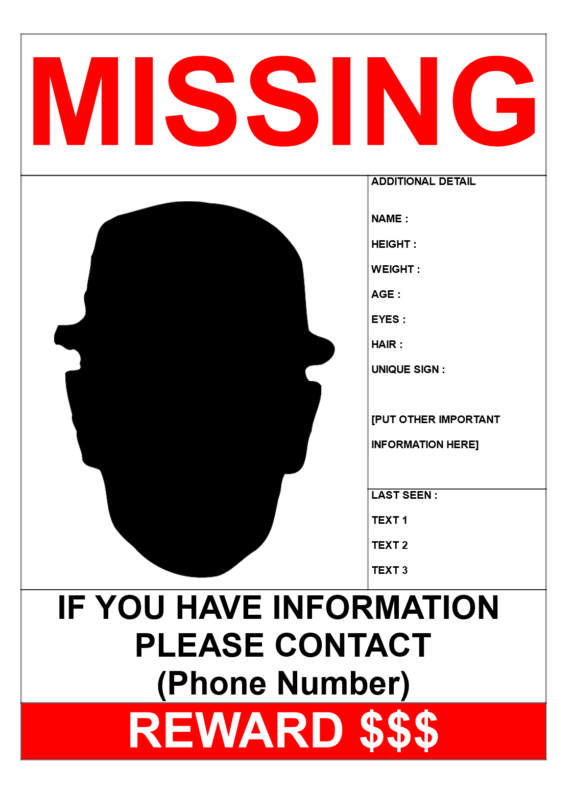 vermist persoon poster met beloning voorbeeld afbeelding 