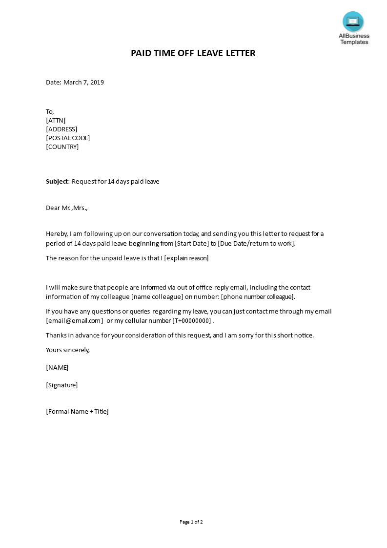  Paid Time Off Leave Letter Template Allbusinesstemplates