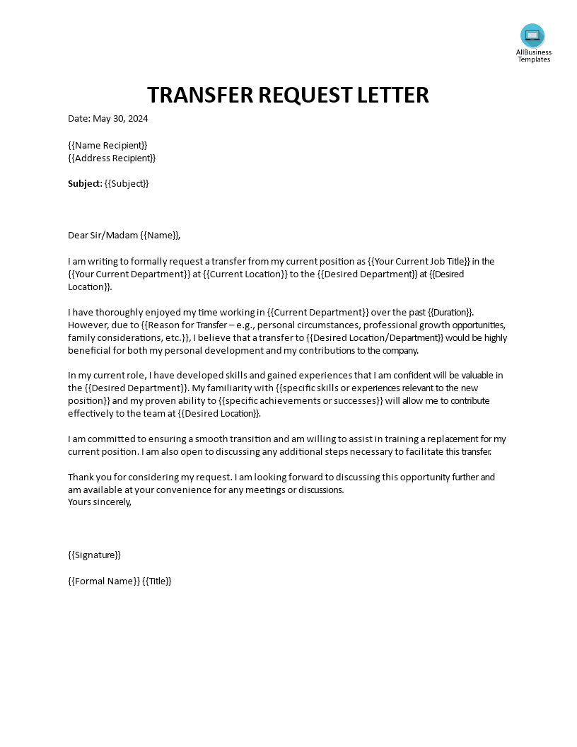 transfer request letter voorbeeld afbeelding 