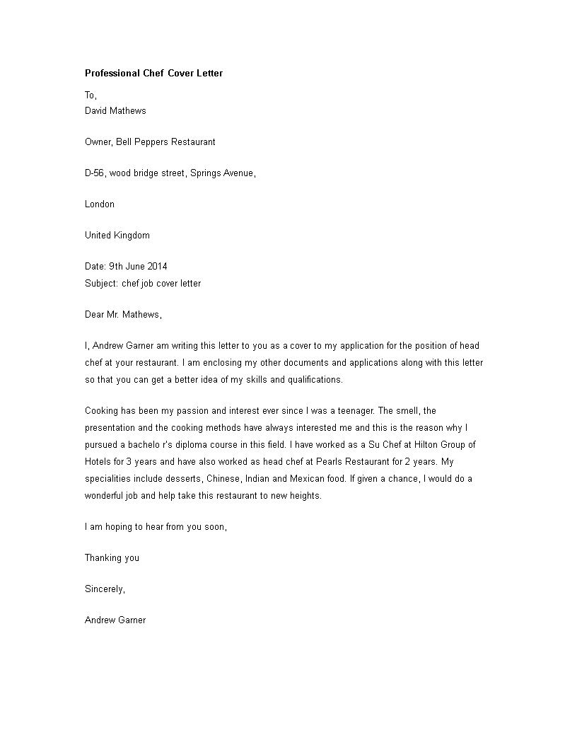 application letter for chef training