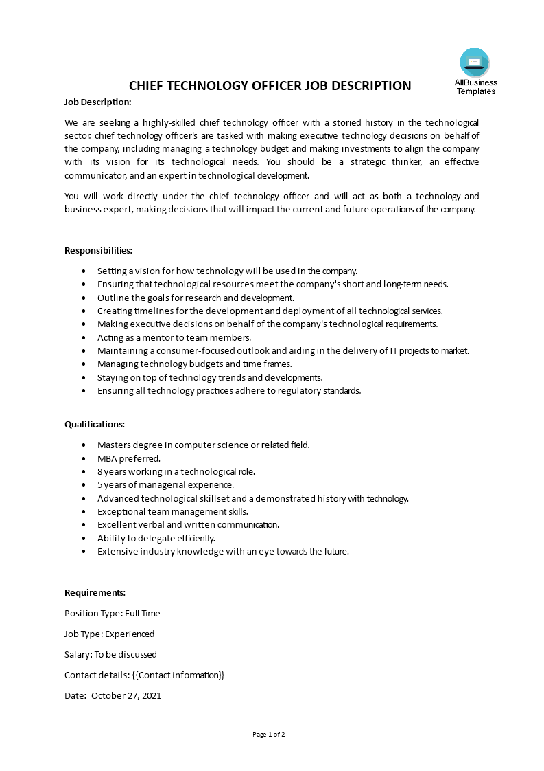 Gratis Chief Technology Officer Job Description