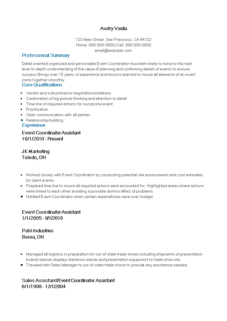 Event Coordinator Assistant Resume Templates At Allbusinesstemplates