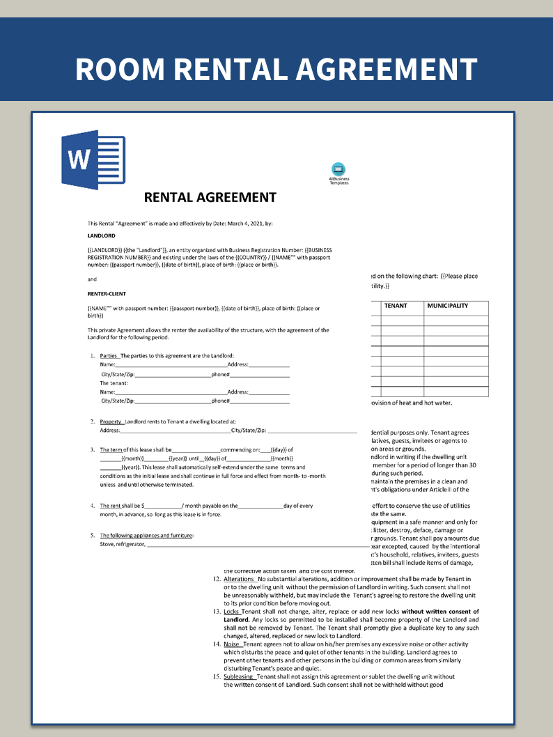 room rental lease agreement plantilla imagen principal