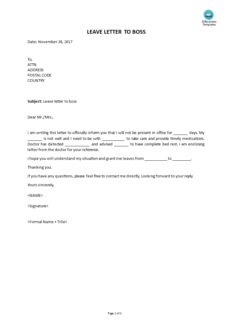 Leave Letter To Boss Templates At Allbusinesstemplates