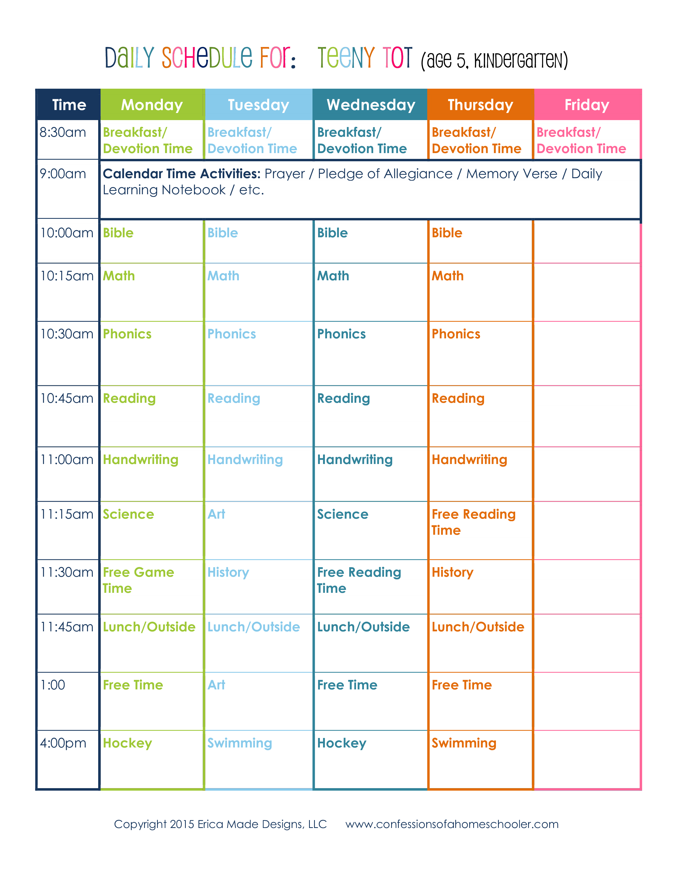 daily schedule for kindergarten kids
