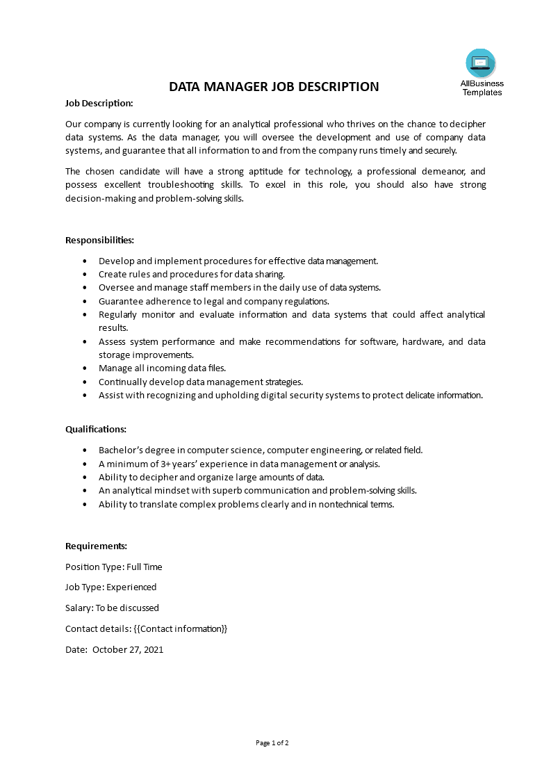 Data Manager Job Description Gratis