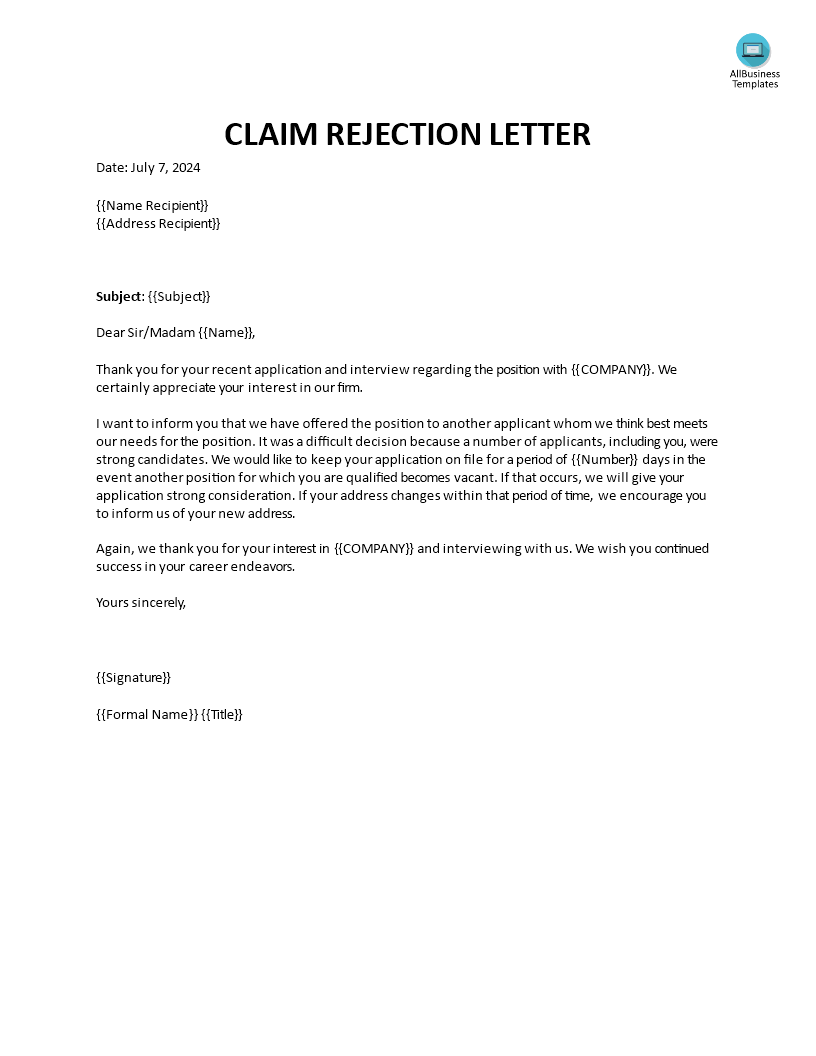 Claim Rejection Letter 模板