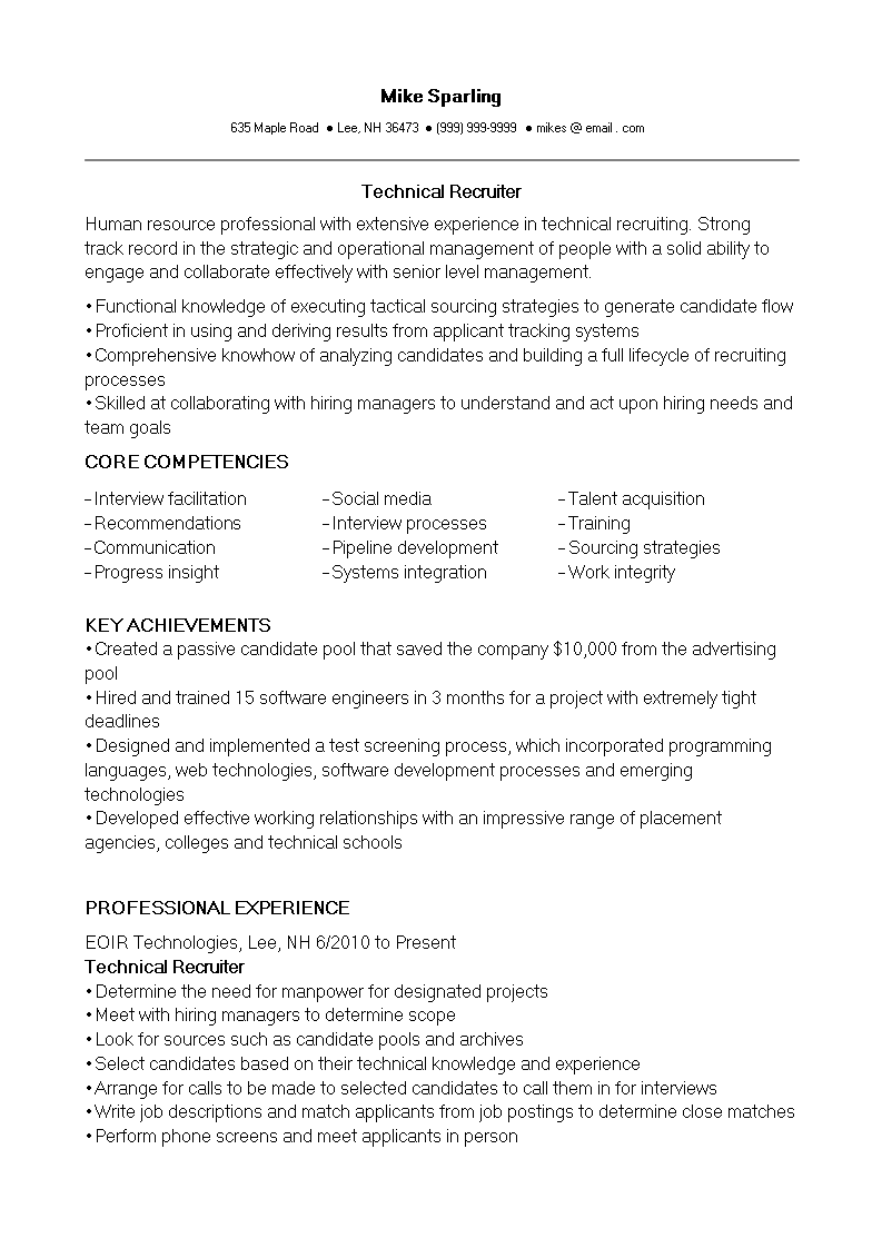 it technical recruiter resume template