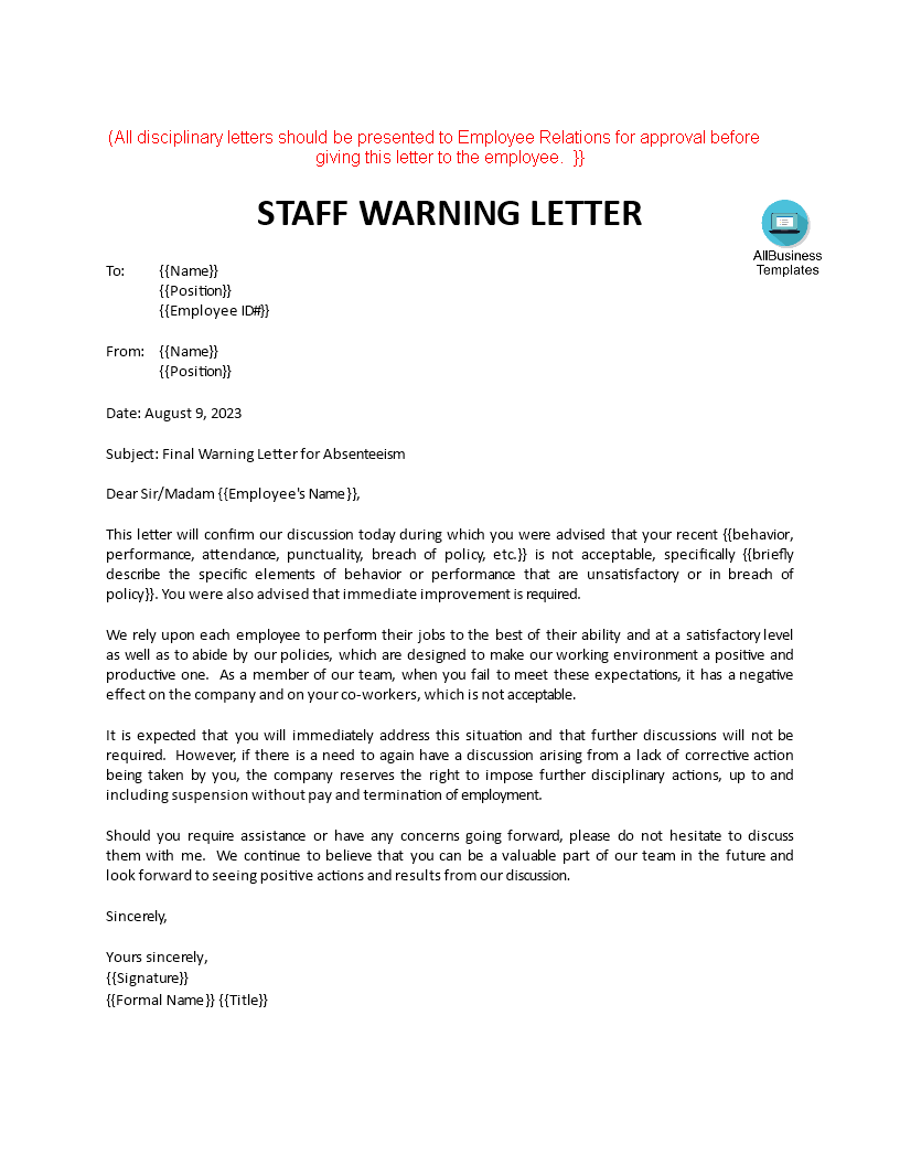 Restaurant Staff Warning Letter | Templates at allbusinesstemplates.com