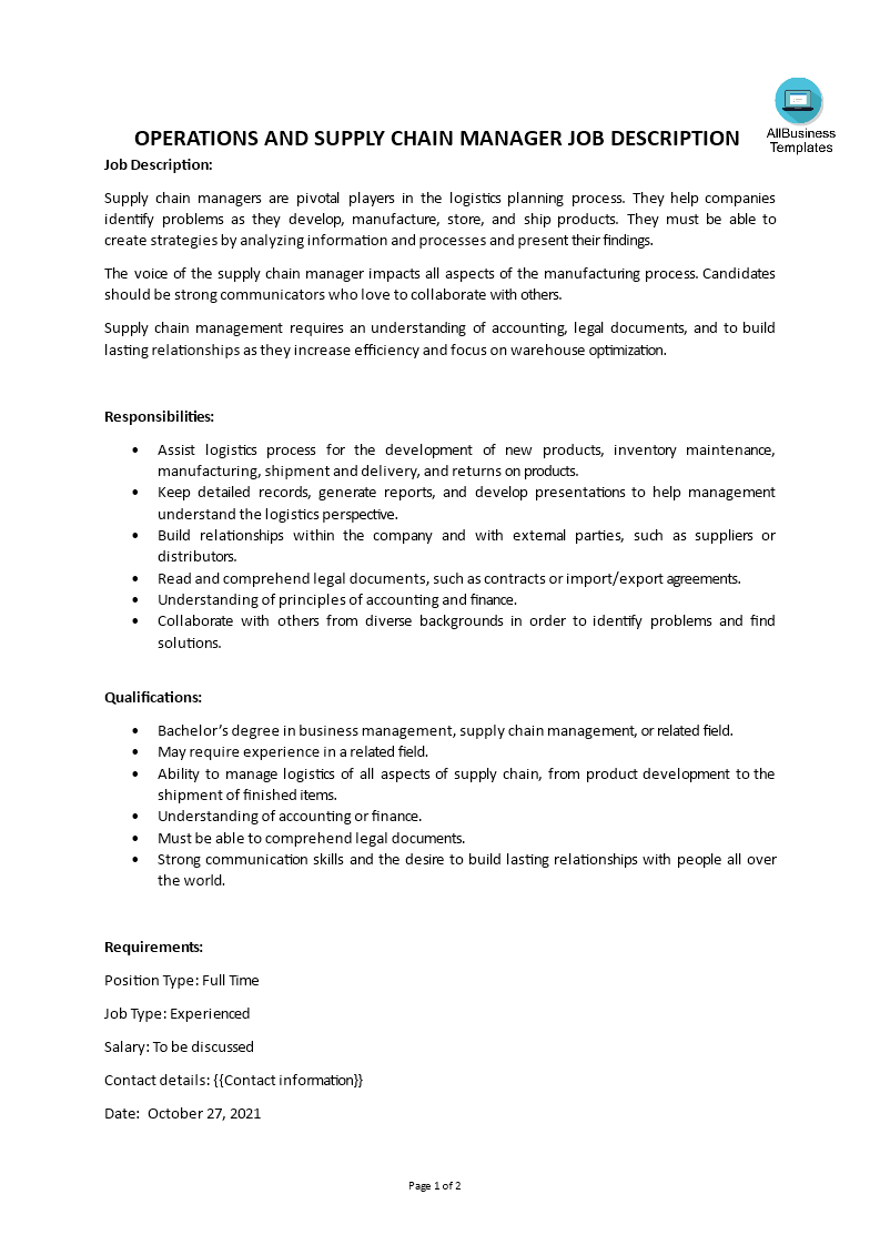  Operations And Supply Chain Manager Job Description 