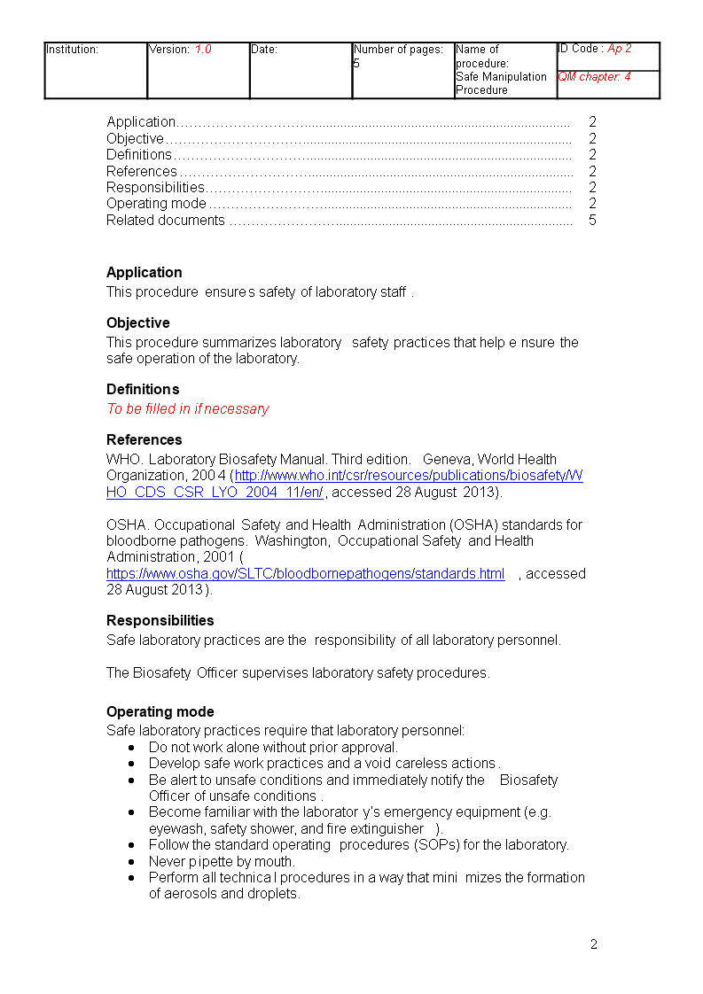 Safe Operation Laboratory SOP example | Templates at ...