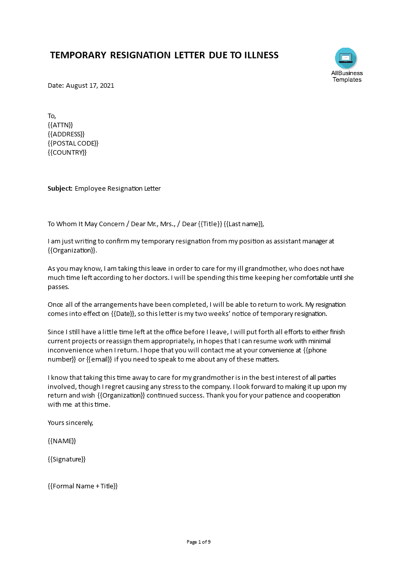 Resignation Letter Due To Health Template