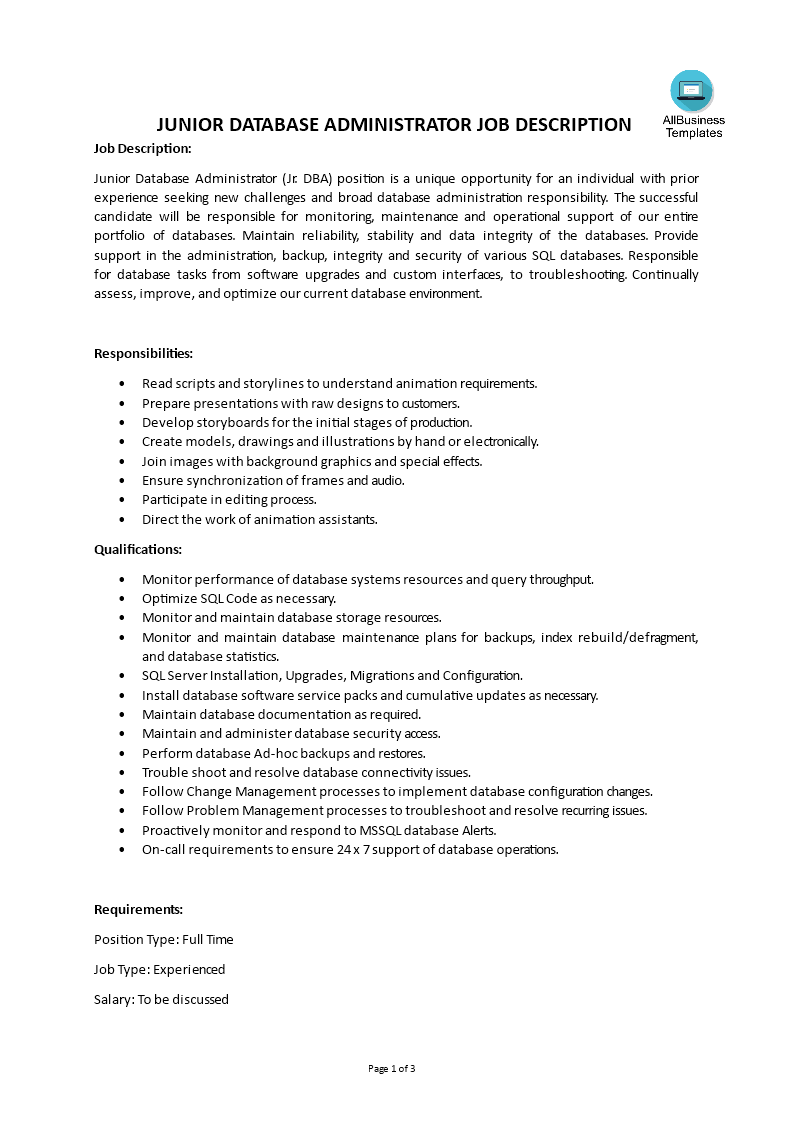  Junior Database Administrator Job Description 