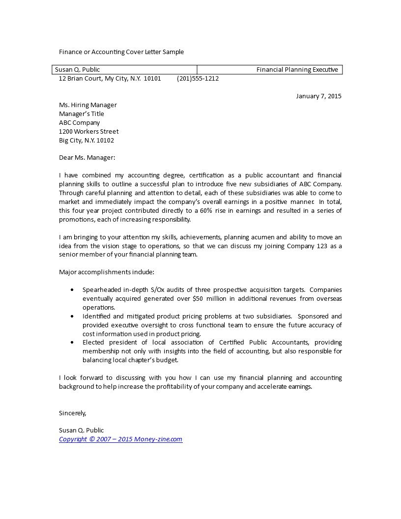 finance or accounting cover letter sample template