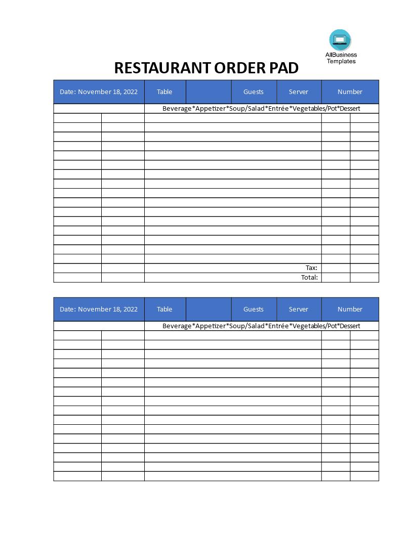 Restaurant Order Pad template 模板
