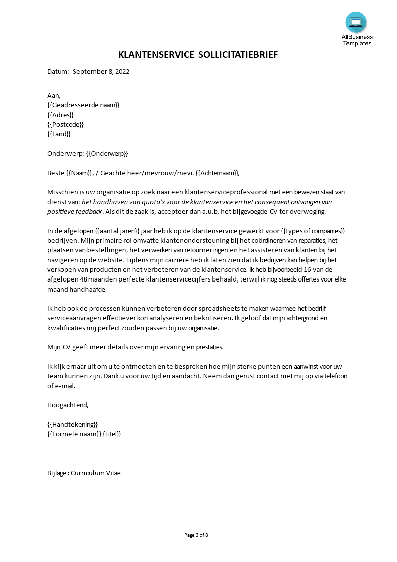 Gratis Klantenservice Sollicitatiebrief