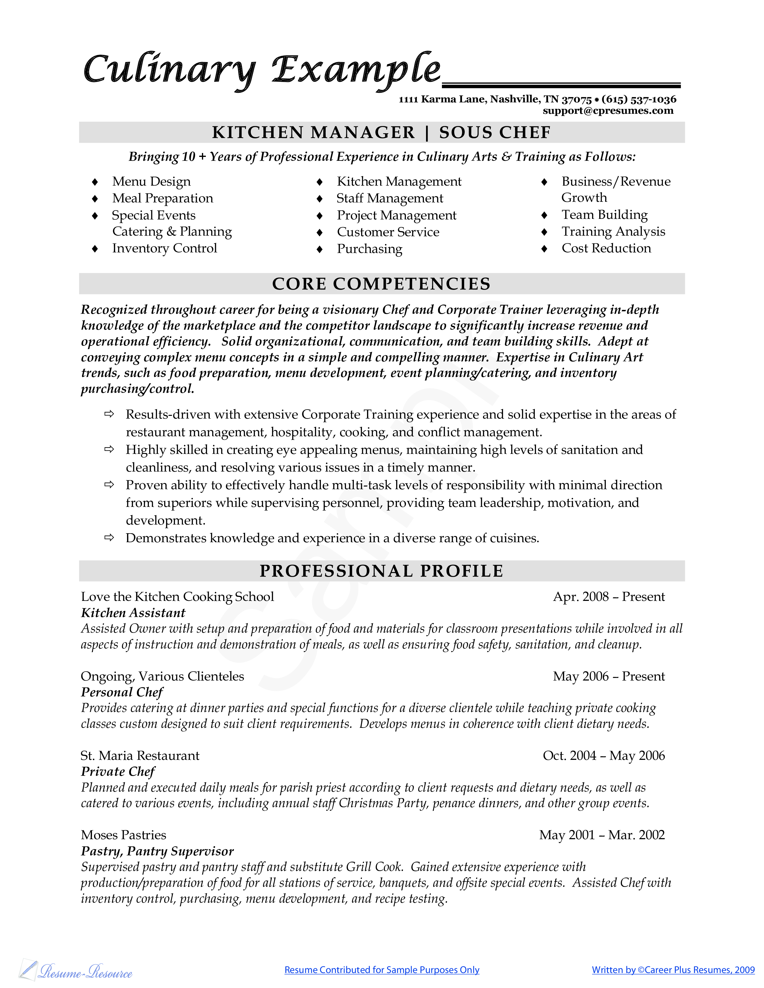 Sous Chef Resume Sample Templates At