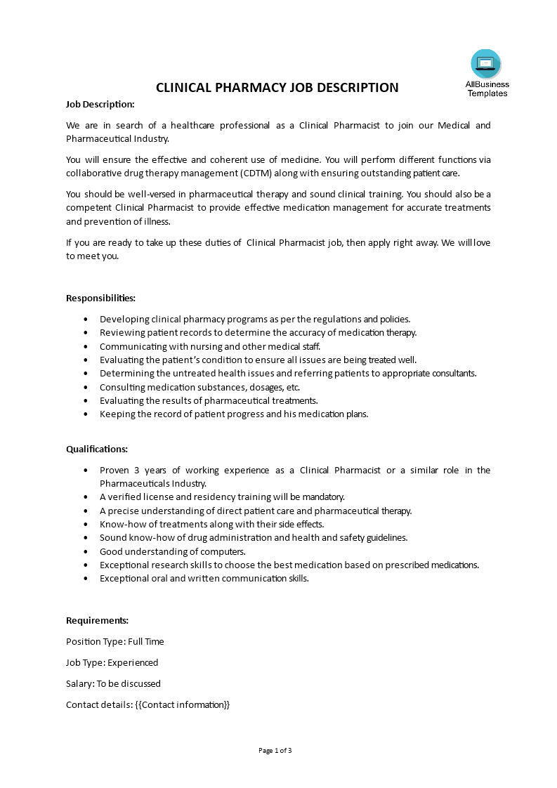 Kostenloses Clinical Pharmacy Job Description