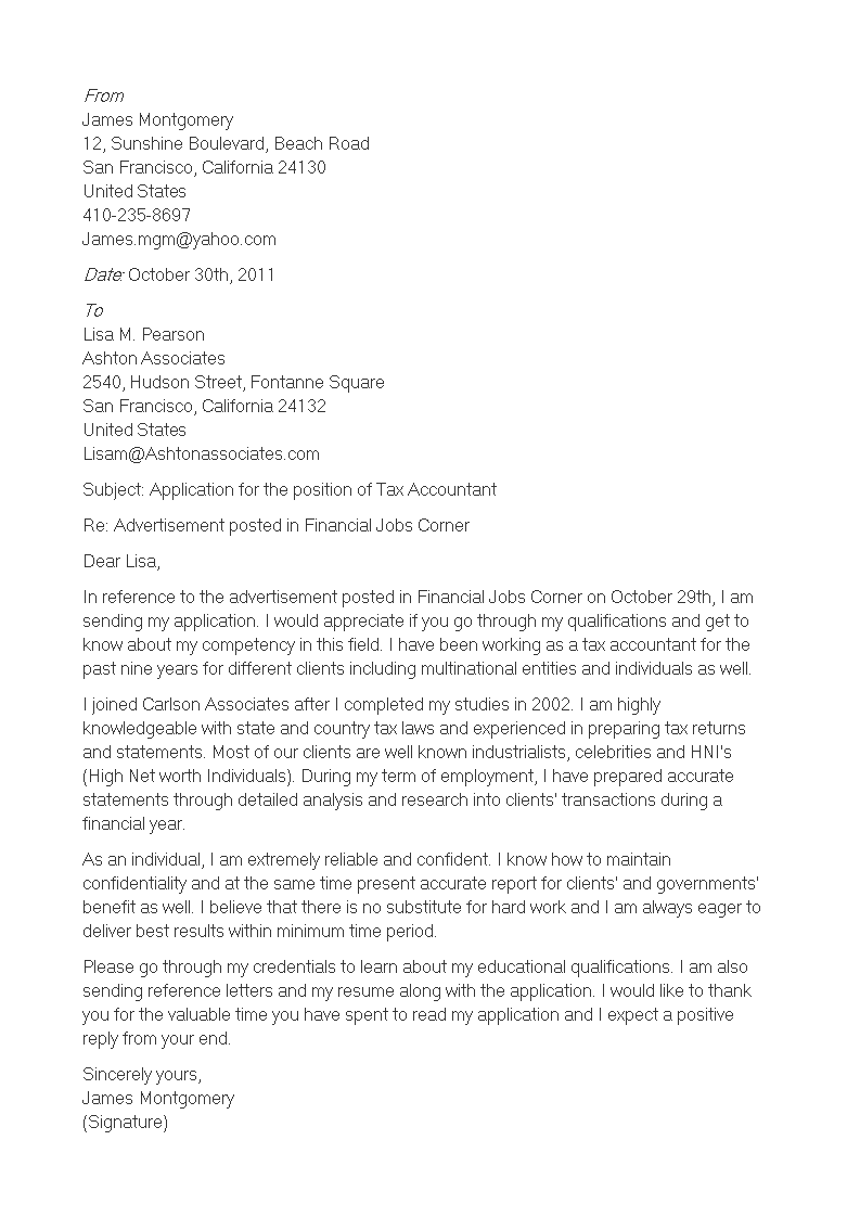 tax accounting cover letter template