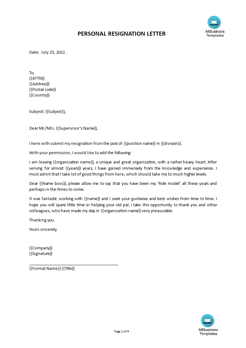 Due to Personal Reason Resignation Letter | Templates at ...