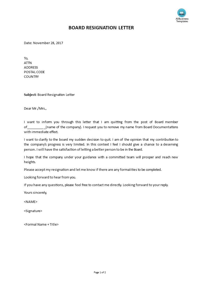 board resignation letter template