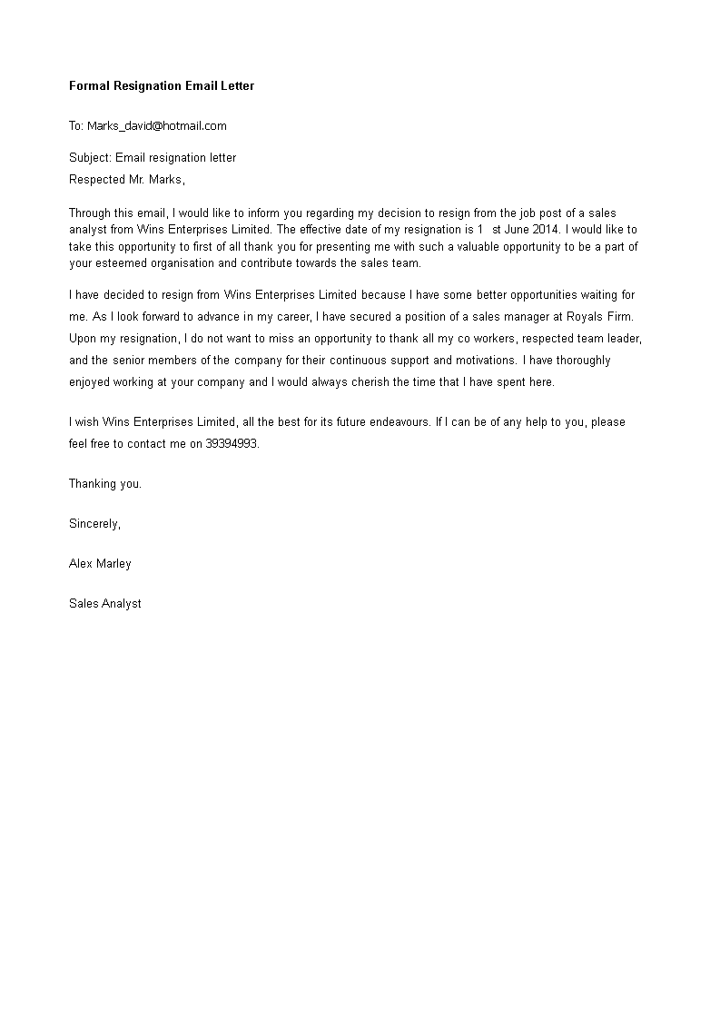 Formal Resignation Email Letter Templates At Allbusinesstemplates