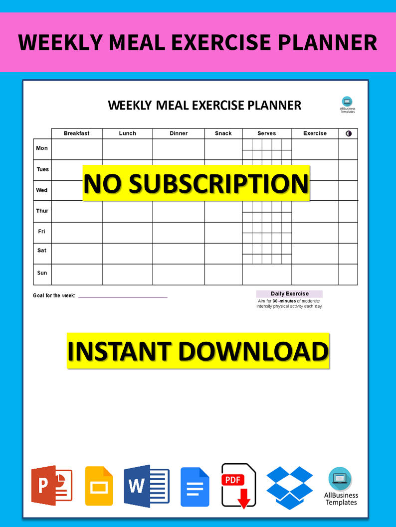 weekly meal exercise planner modèles