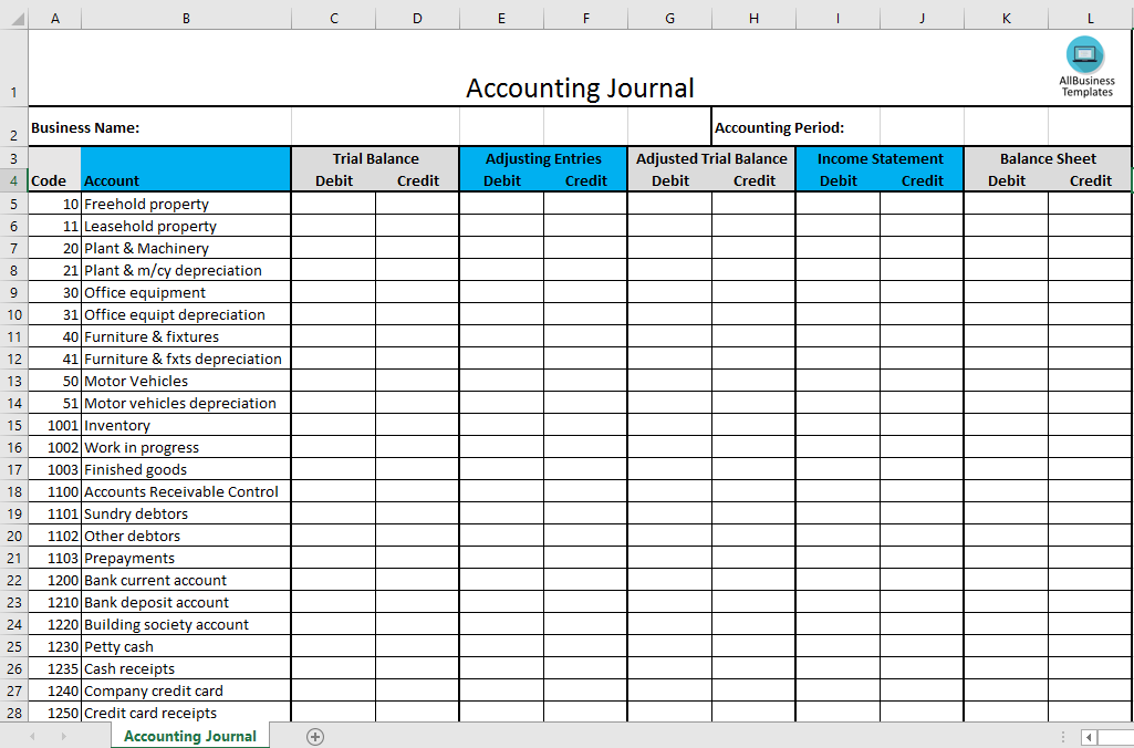 Kostenloses Accounting Journal Excel template