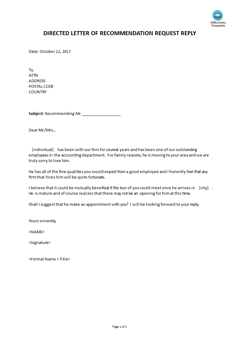 directed letter of recommendation for reply plantilla imagen principal