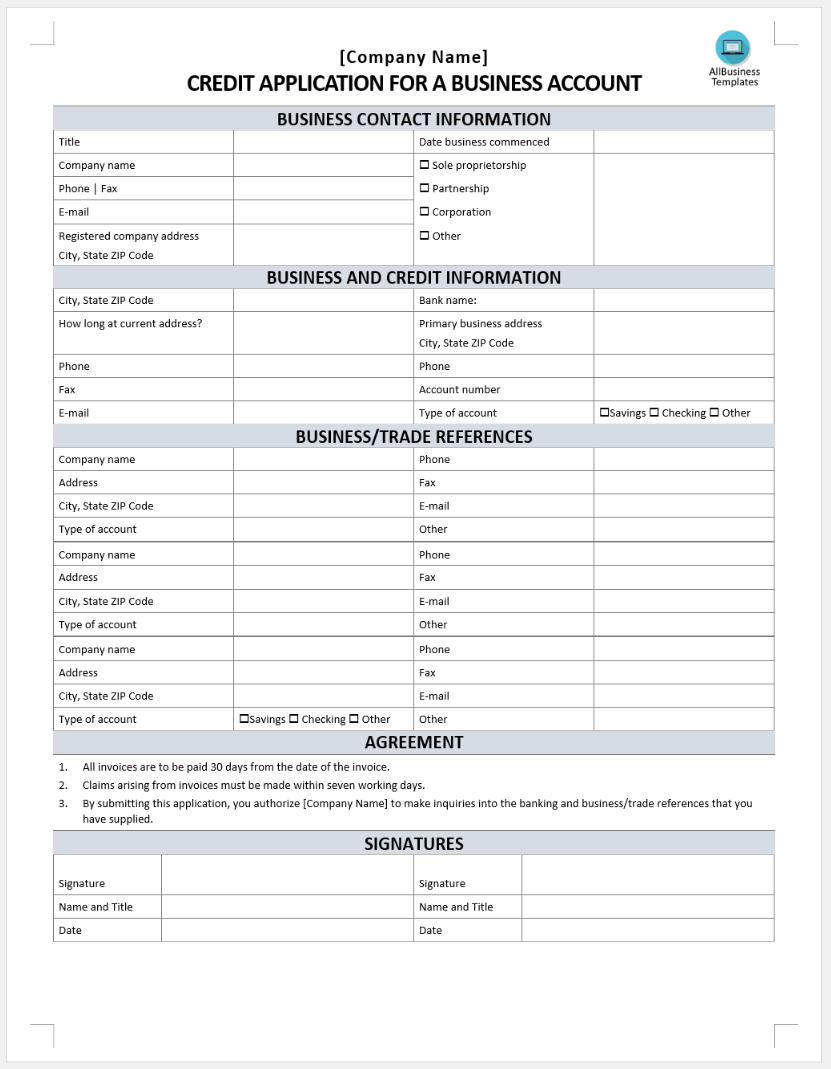 credit application for a business account template template