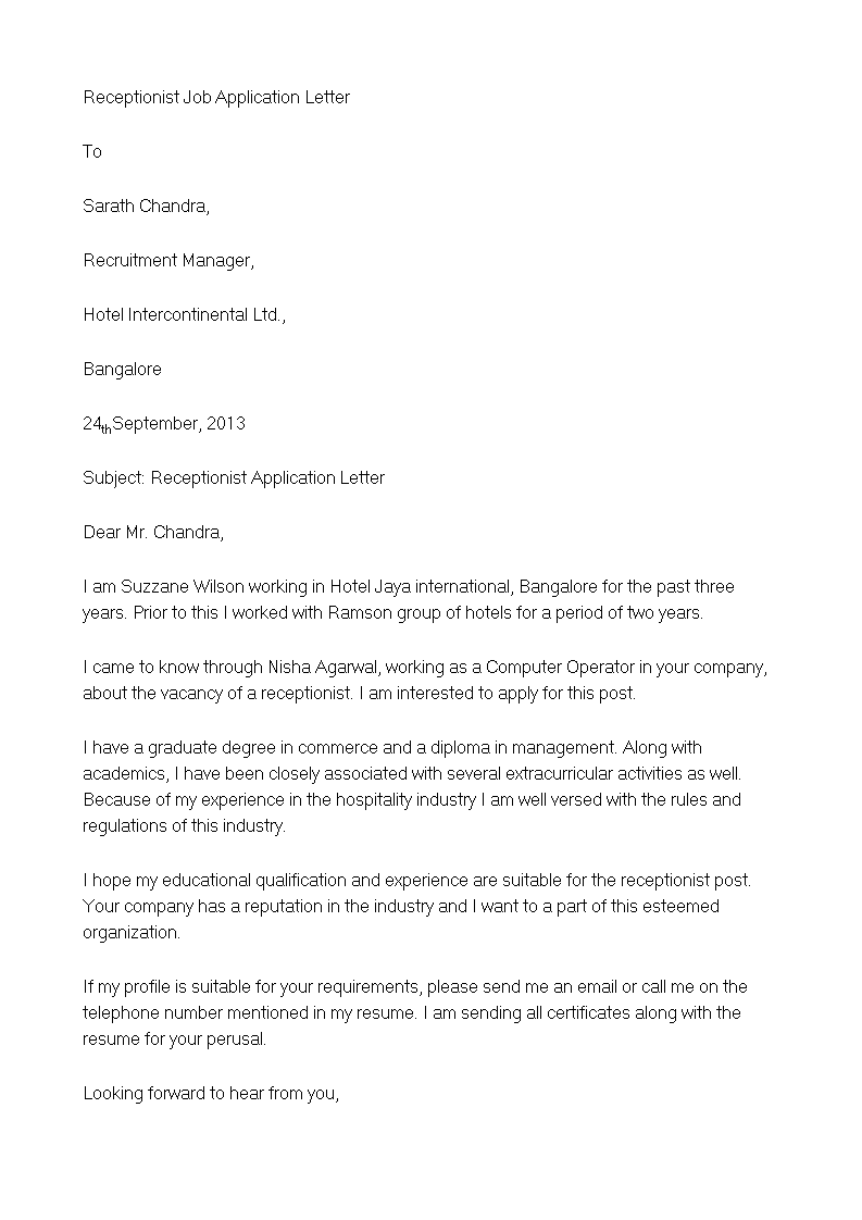 simple application letter for a receptionist