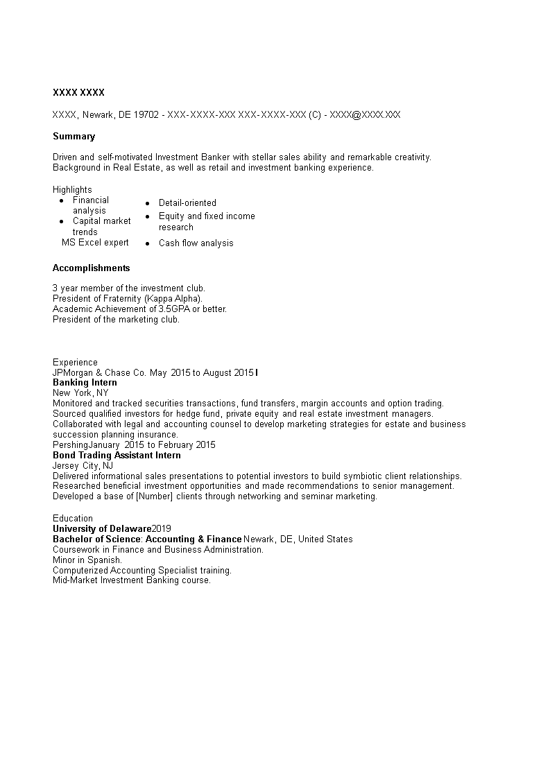  Commercial Banking Intern Resume Allbusinesstemplates