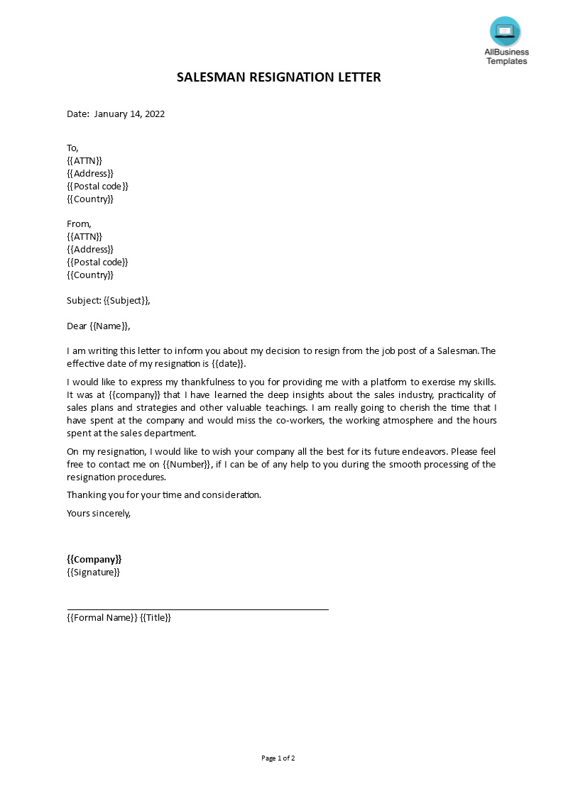  Salesman Resignation Letter Allbusinesstemplates