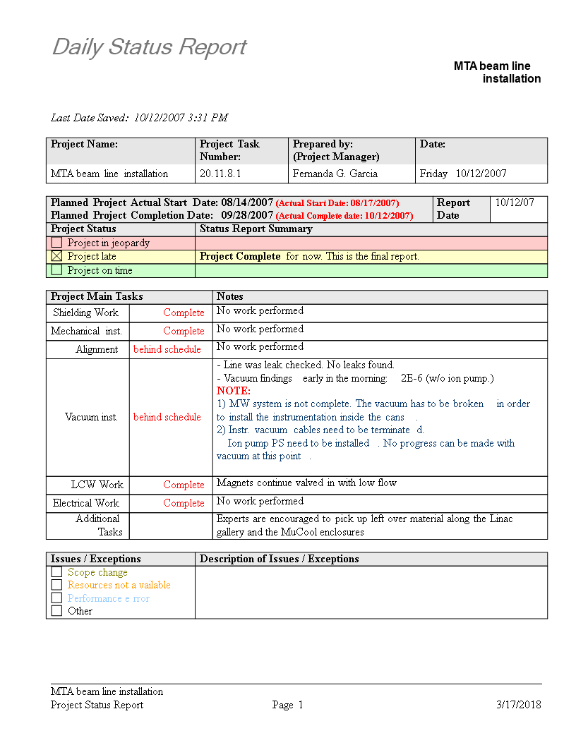 Daily Status Report Templates At Allbusinesstemplates