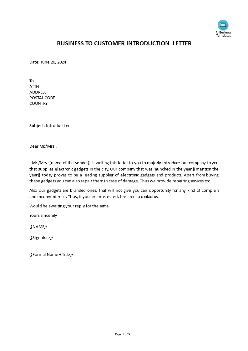 business to customer introduction letter template