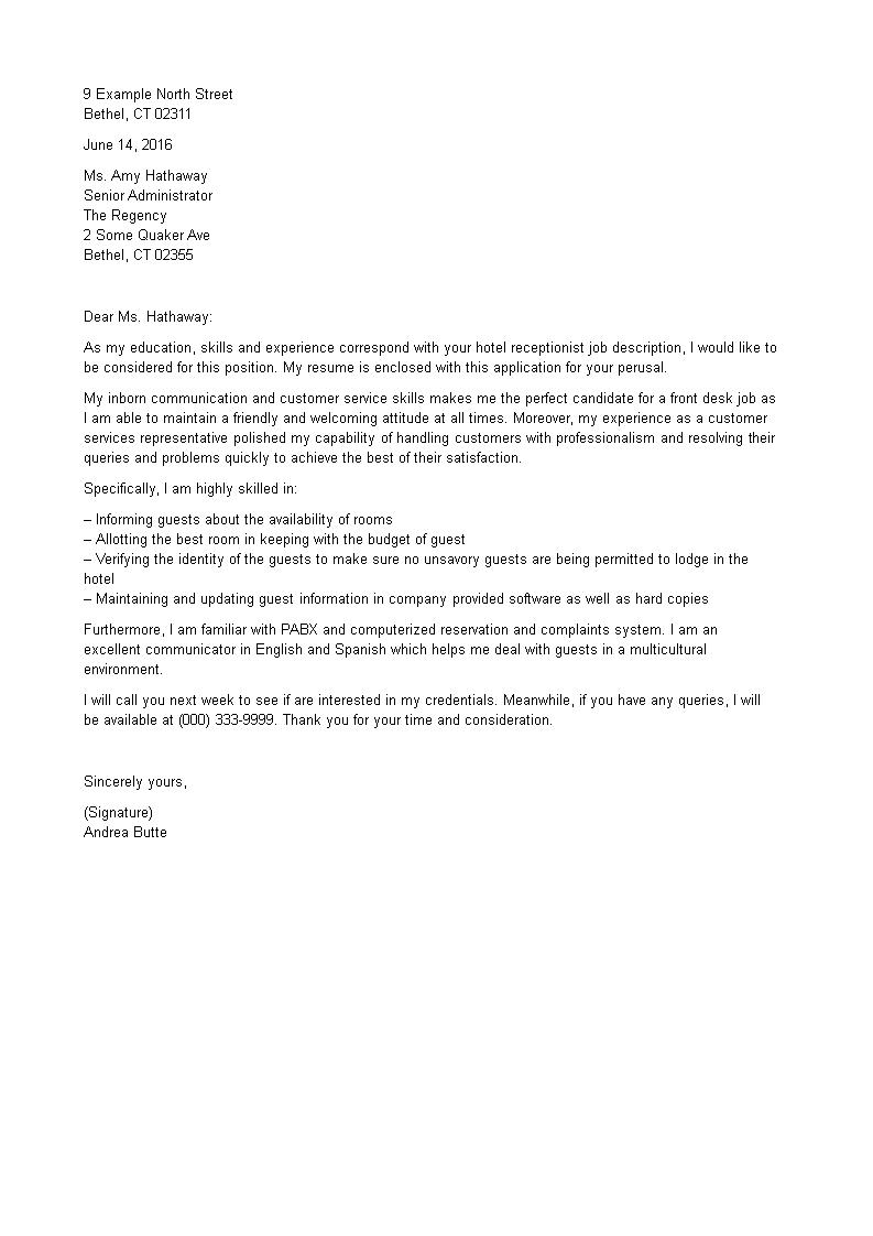 application letter about hotel
