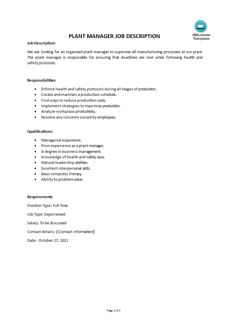 Gratis Plant Manager Job Description