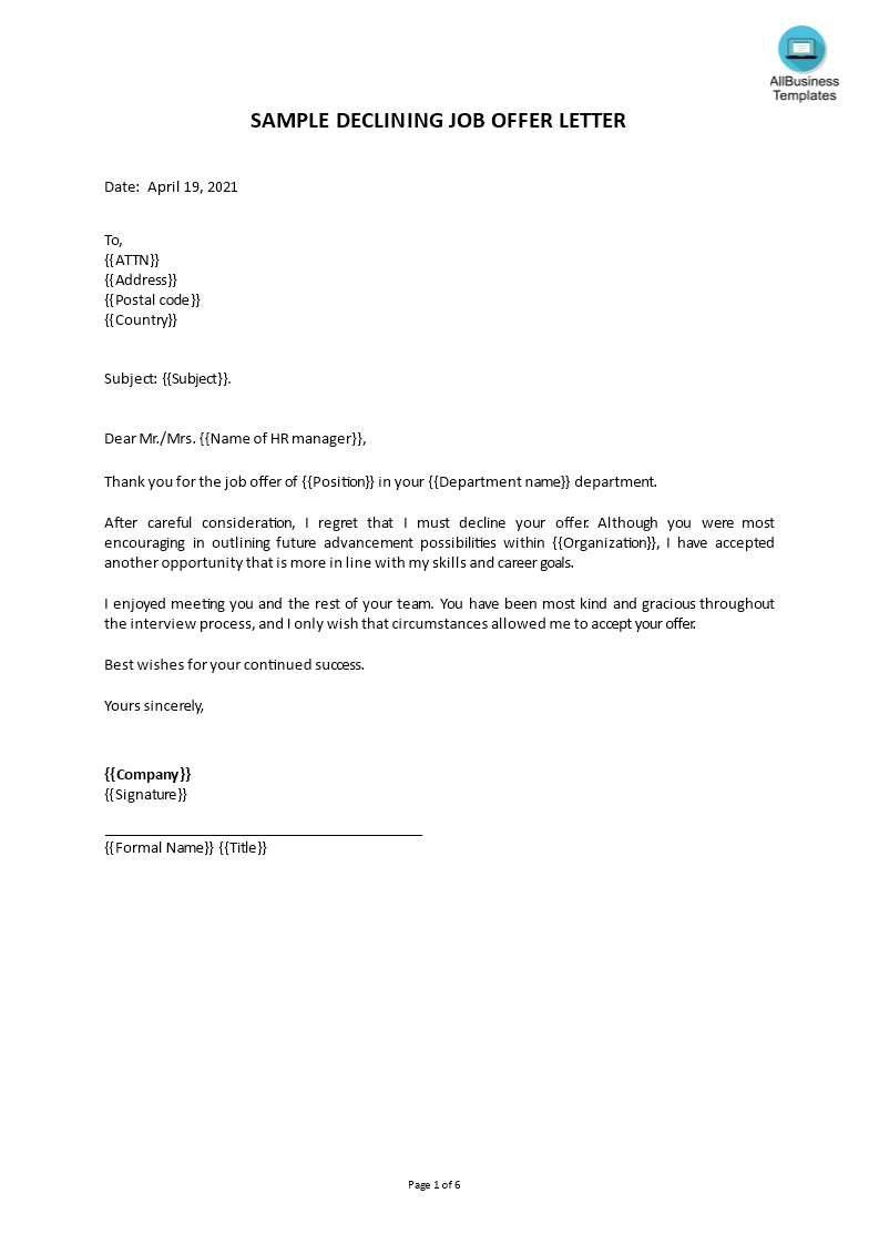 Libreng Job Offer Decline Letter