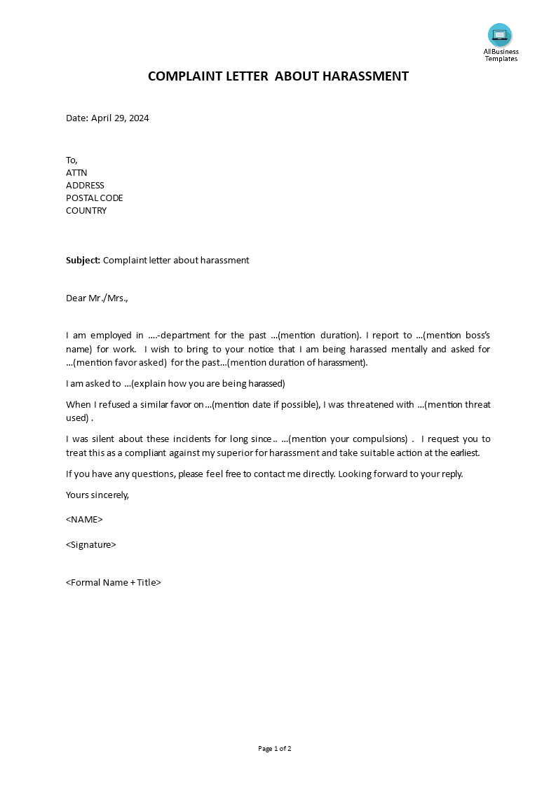 complaint letter about harassment plantilla imagen principal