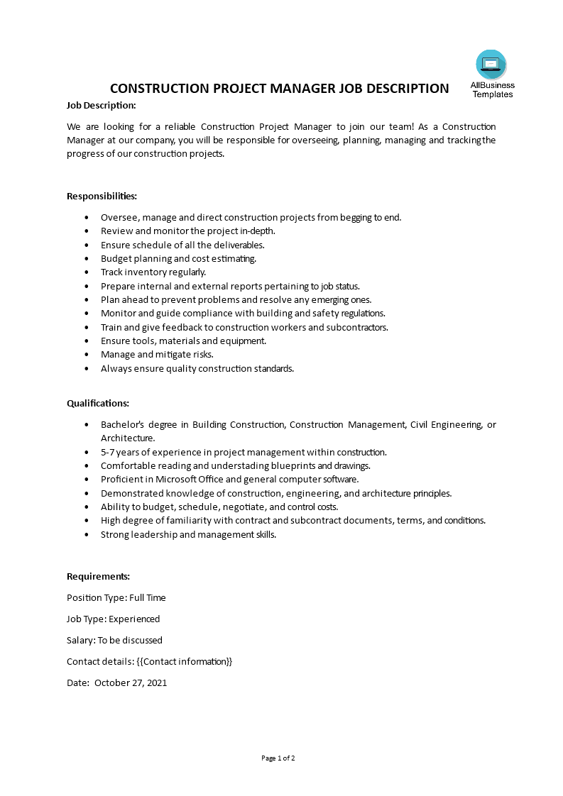 construction project job description for resume
