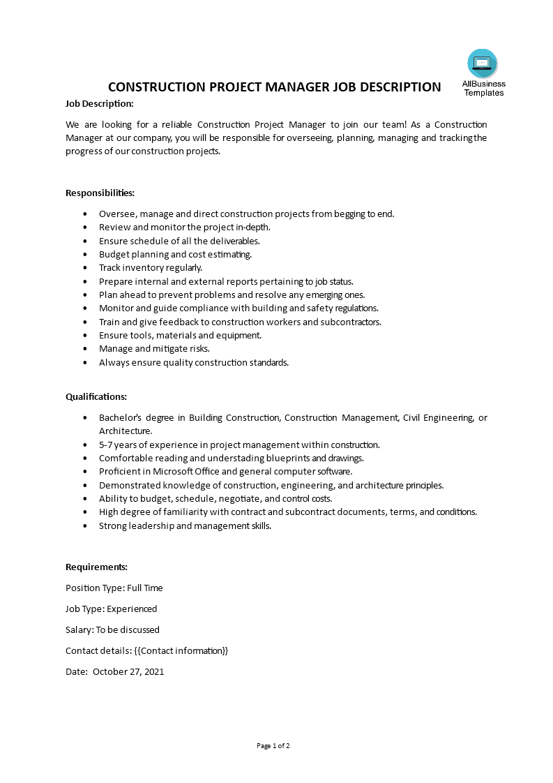 Construction Project Manager Job Description