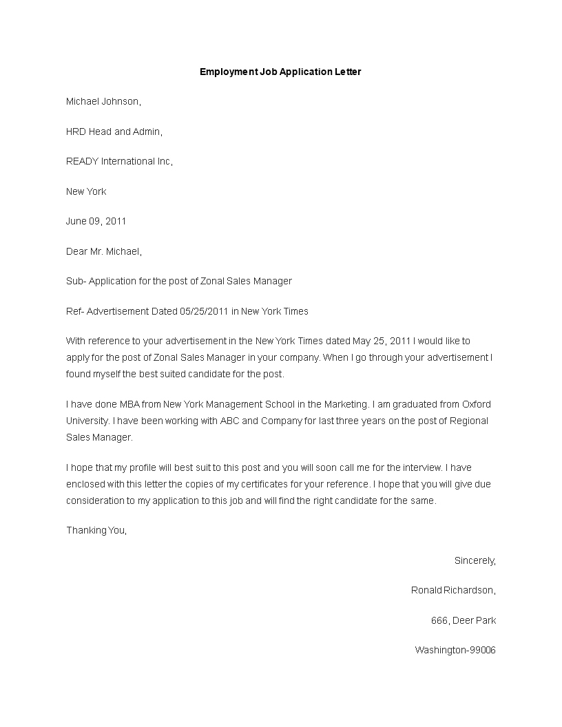 application letter for a regional sales manager job