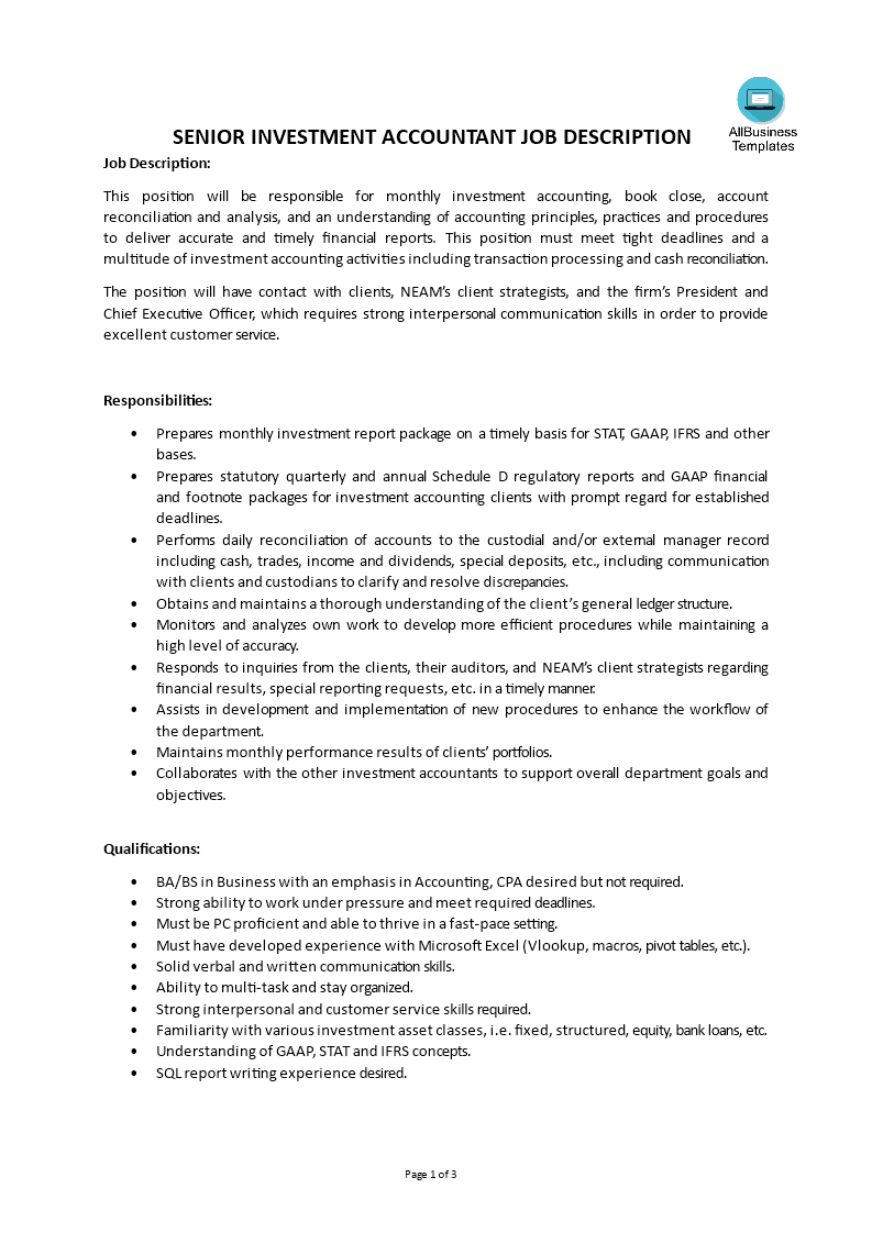  Senior Investment Accountant Job Description 