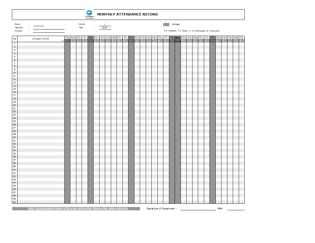 class monthly attendance report template