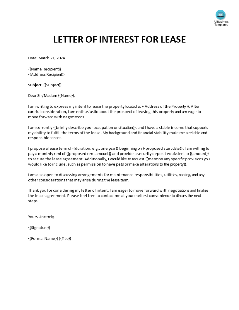 免费 Letter Of Interest For Lease | 样本文件在 allbusinesstemplates.com