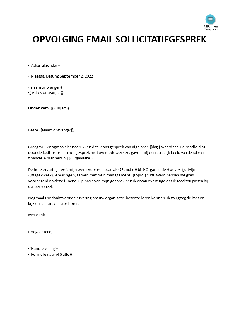 opvolging email na interview template