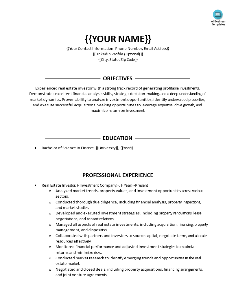 resume for real estate investor plantilla imagen principal